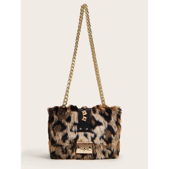 MBM Unlimited Handbags - Leopard Print Fur Studs Metal Lock Crossbody Bag